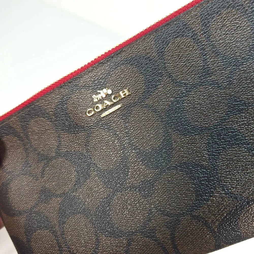 Coach Signature Double Zip Wristlet Wallet Brown Canvas Red Trim Leather